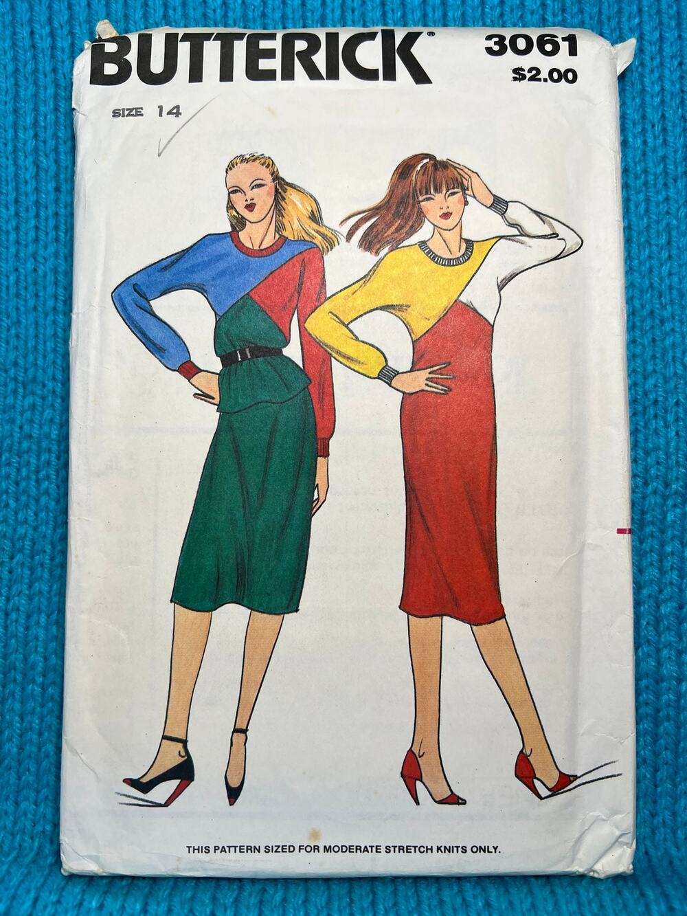 Butterick Sewing Pattern 3061 Dress top midi skirt color blocked 1980s size 14